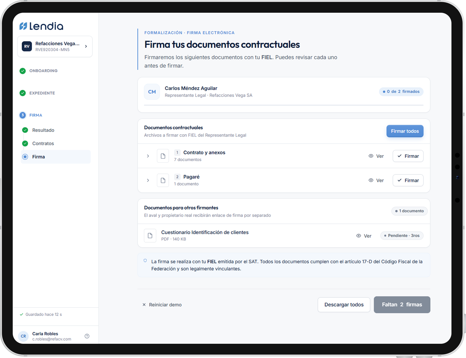 Firma electrónica — formalización Lendia