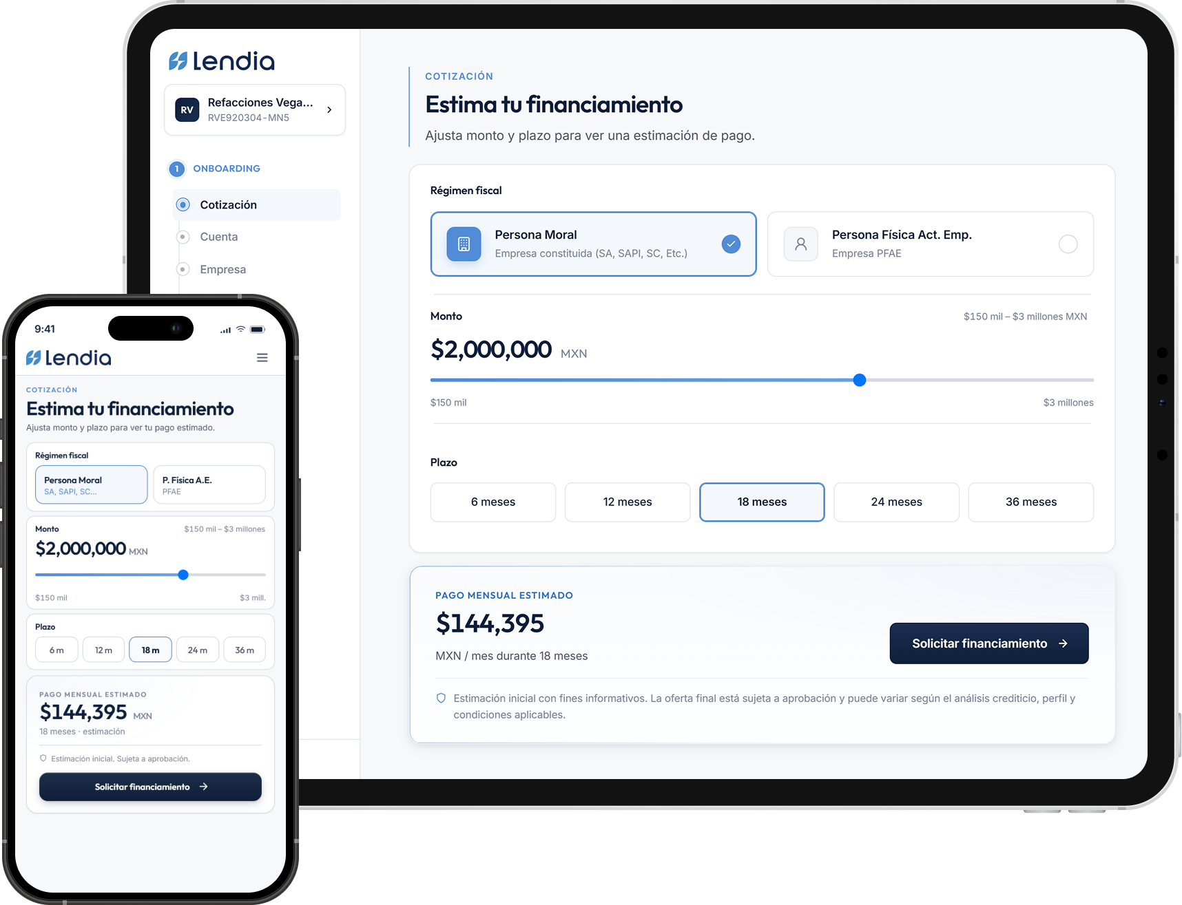 Onboarding — cotizador Lendia (tablet + mobile)